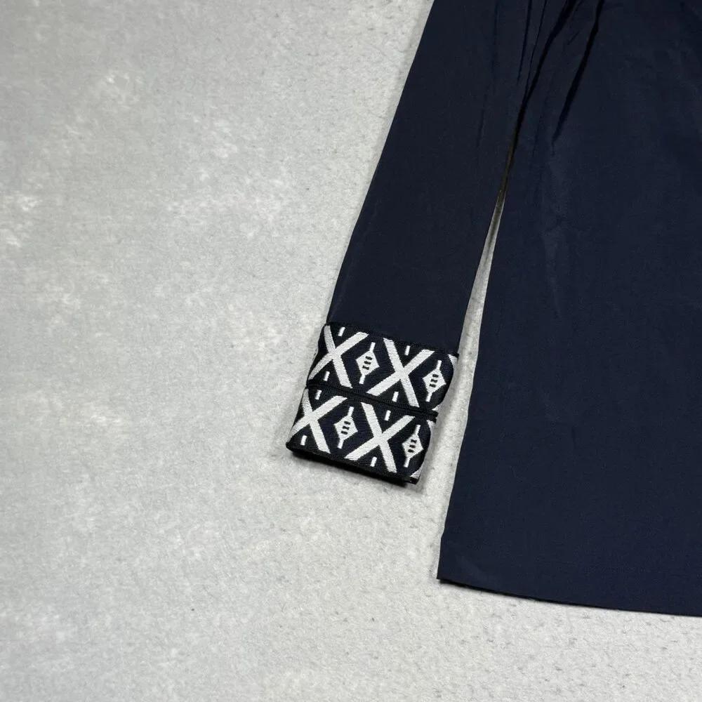Tory Burch Tunic Top Women’s 6 Navy Blue Ariana Embroidered Knit Trim V Neck - Picture 4 of 13
